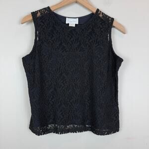 Hanky Panky Tank Top Women's L Black Mesh Floral Embroidered USA Made Vtg Witchy